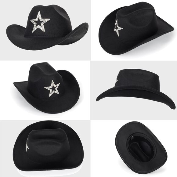 3973 Western Sparkly Star Cowboy Hat For Women Men, Black Felt-fedora main image 6